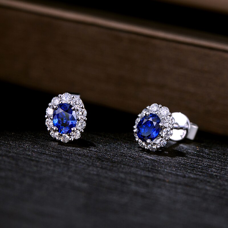 14K White Gold 0.76ct Blue Sapphire and 0.38ct Halo Diamond Earrings for Women