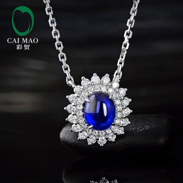 14K White Gold Natural Sapphire Pendant with 0.32ct Diamonds Necklace for Her