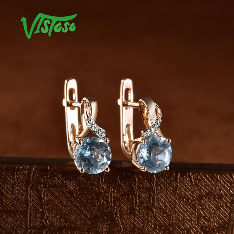VISTOSO 14K 585 Rose Gold Sparkling Luxury Diamond Blue Topaz Earrings