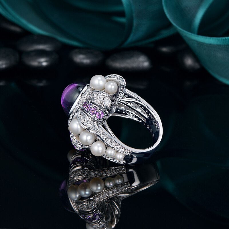 14K White Gold Engagement Ring with Amethyst and Diamonds for Women