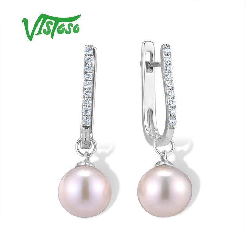 VISTOSO Pure 14K 585 Yellow/White/Rose Gold Sparkling Diamond Fresh Water Pearl Unique Earrings