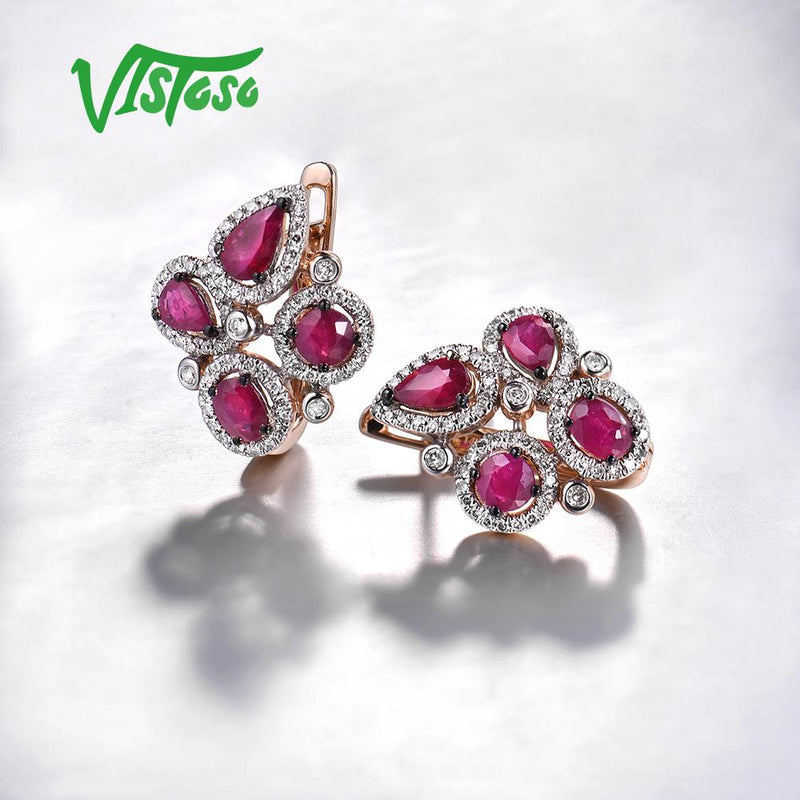 VISTOSO Genuine 14K 585 Rose Gold Glamorous Fancy Ruby Sparkling Diamond Earrings