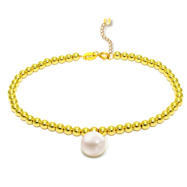 Gold Pearl Beaded Strand Bracelet - Adjustable and Elegant