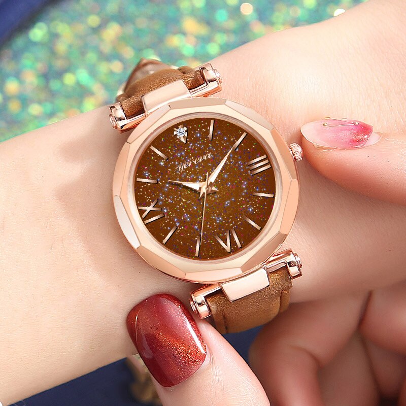 Women Casual Quartz Watch Round Star Dial Wrist Watch with Perforated Frosted Strap TT@88