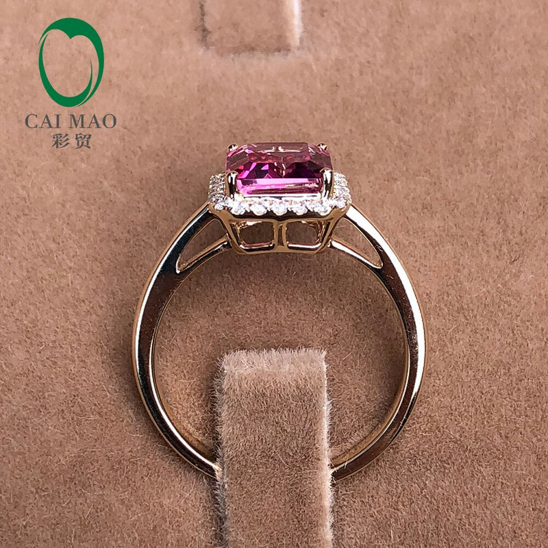 14k Yellow Gold Emerald Cut Pink Topaz Halo Diamond Engagement Ring for her