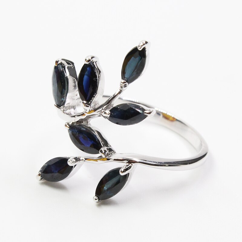 925 Sterling Silver Natural 7 pcs 3 mm * 6 mm Dark Blue Sapphire Leaves Ring