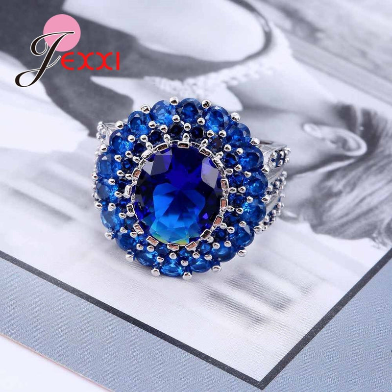 Trendy Luxury Blue Rhinestone 925 Sterling Silver Finger Rings For Charming Women Wholesale Price High Quality