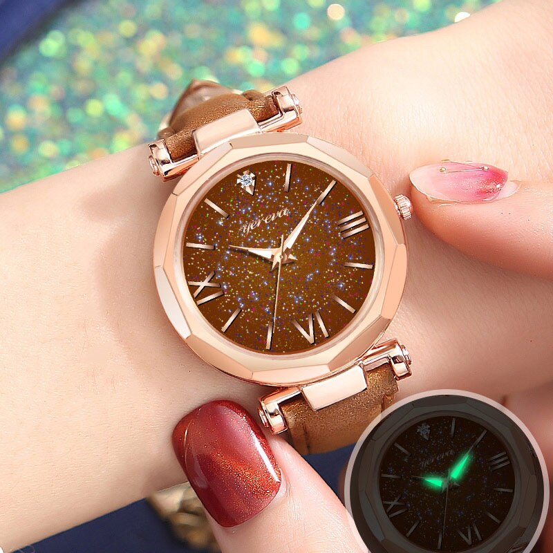 Women Casual Quartz Watch Round Star Dial Wrist Watch with Perforated Frosted Strap TT@88