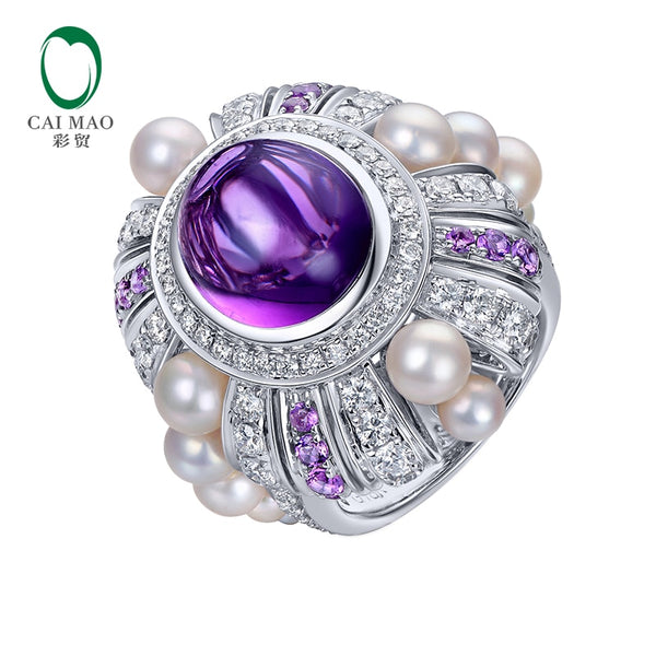 14K White Gold Engagement Ring with Amethyst and Diamonds for Women