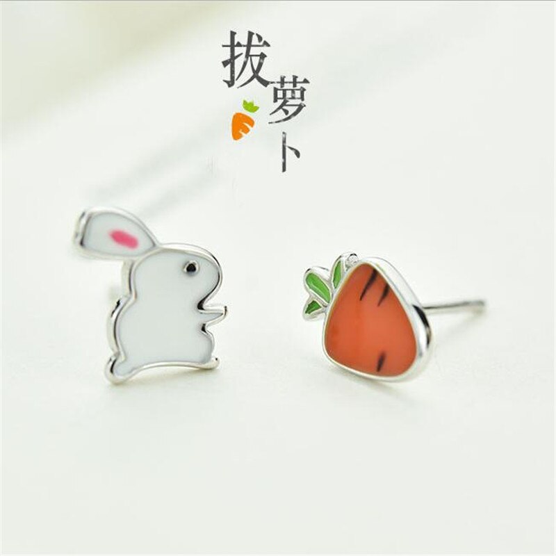 New Fashion Creative Asymmetric Cute Rabbit And Radish 925 Sterling Silver Jewelry Personality Epoxy Wild Stud Earrings SE540
