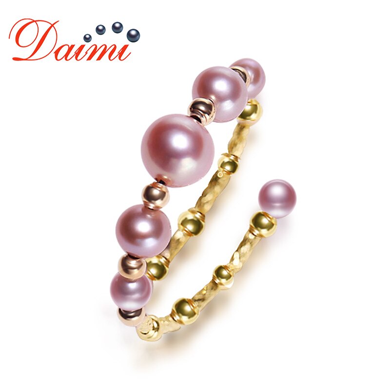 DAIMI 18K Yellow Gold 5-5.5mm White Stunning Perfectly Round Pearl Adjustale Ring