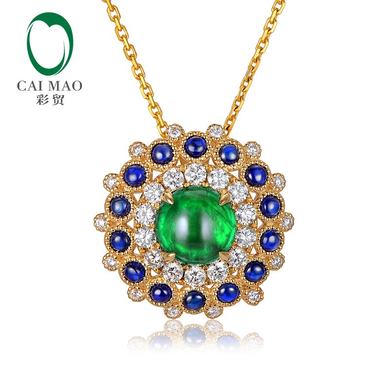 18kt Yellow Gold Emerald and Sapphire Diamond Engagement Pendant for Women