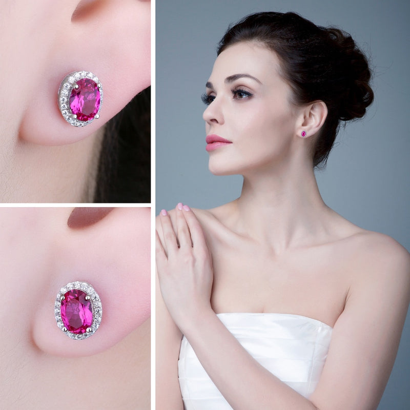 Sterling Silver Oval Pink Sapphire Earrings for Women