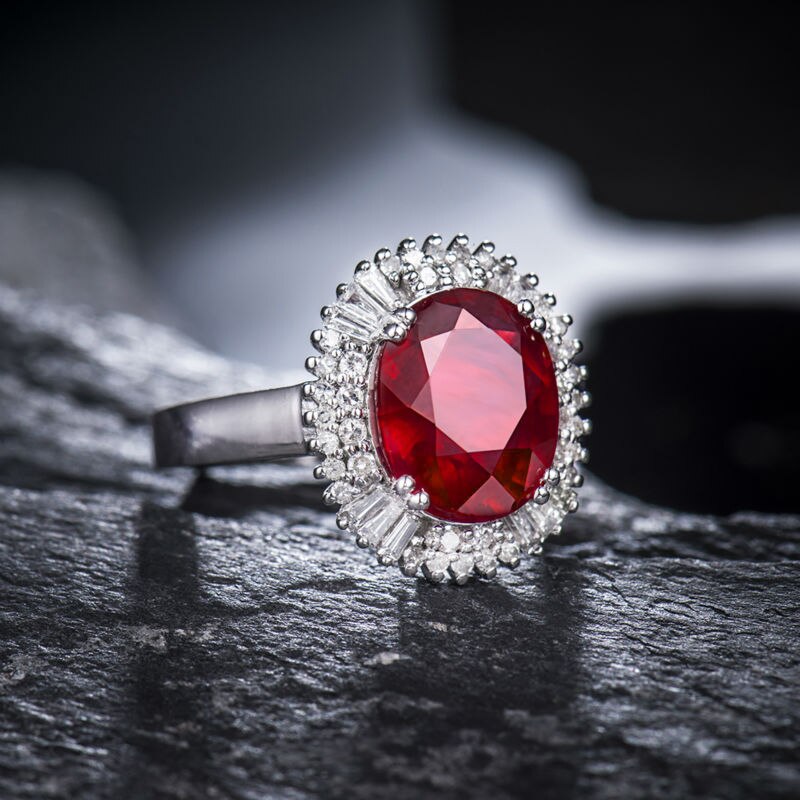 18K White Gold Natural Diamond Red Ruby Ring