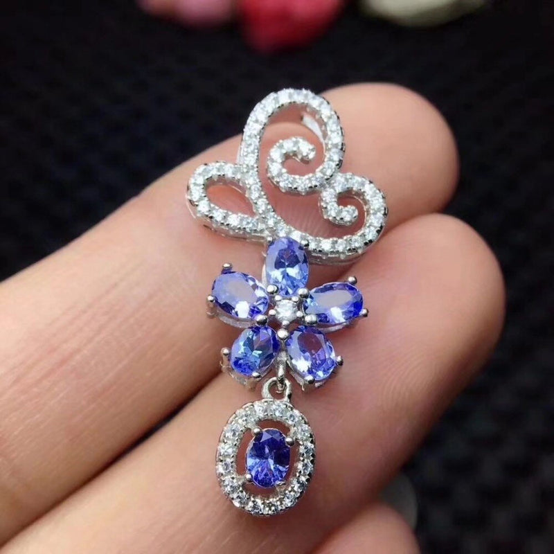 925 Sterling Silver Natural 3*4mm Blue Tanzanite Gemstones Flower Pendant