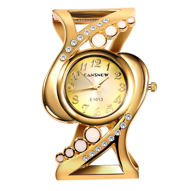 Gold-Plated Quartz Crystal Rhinestone Bracelet Watch for Women