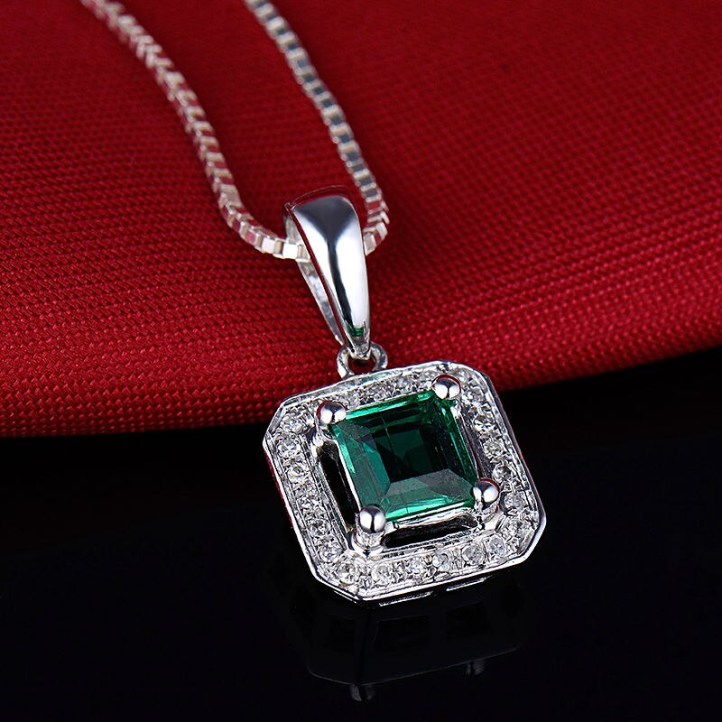 Solid 14Kt White Gold Emerald Pendant for Women