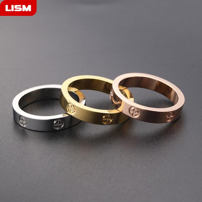 Rose Gold Stainless Steel Ring with Cross and Stone for Women Men