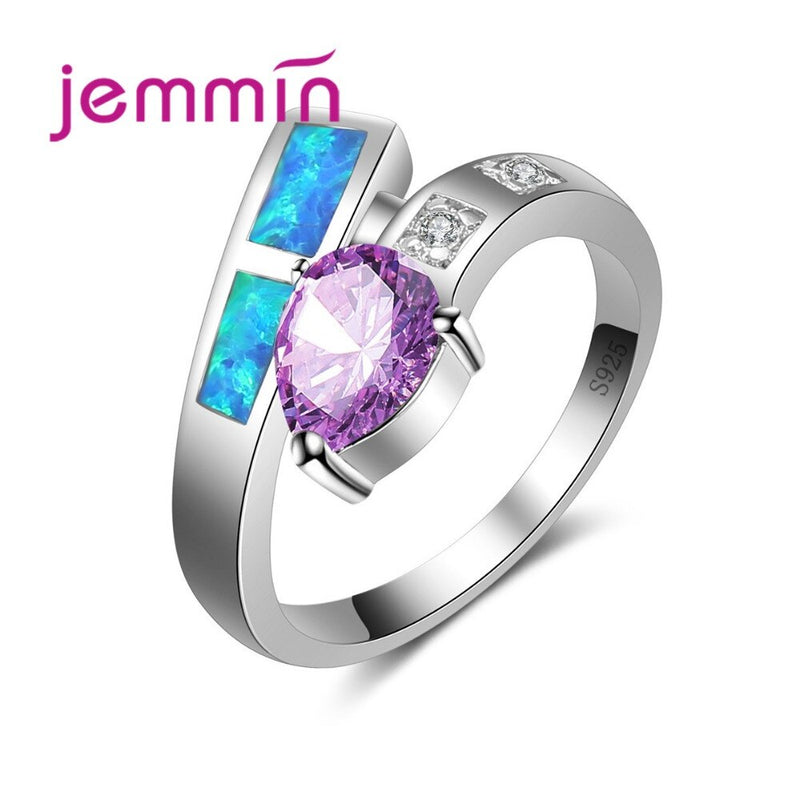 Sterling Silver Blue Opal Purple CZ Ring for Unisex