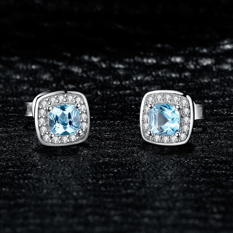 925 Sterling Silver Cushion Cut Sky Blue Topaz Halo Stud Earrings for Women