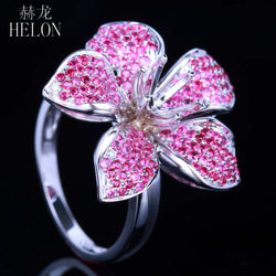 HELON 10K White Gold 1.3CT Natural Ruby & Diamonds Flower Shape Ring
