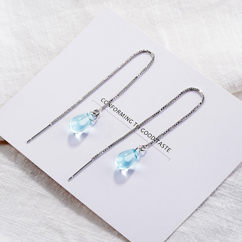 Anenjery 925 Sterling Silver Artificial Blue Crystal Water Drop Tassel Chain Earrings