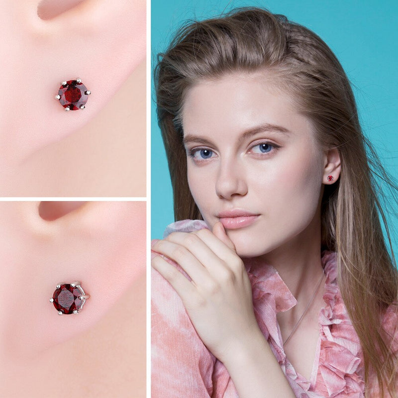Sterling Silver 1.3ct Red Garnet Stud Earrings for Women