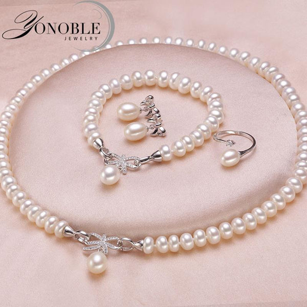 Sterling Silver Natural White Pearl Jewelry Set for Women