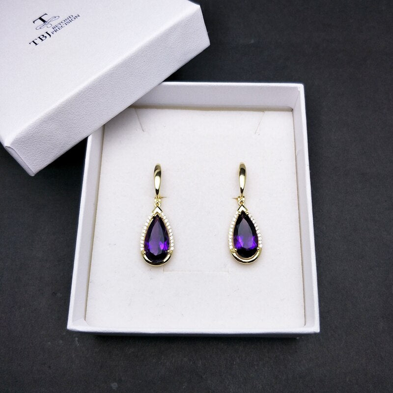TBJ 925 Sterling Silver Natural Africa Amethyst pear 8 * 16mm Clasp Earring