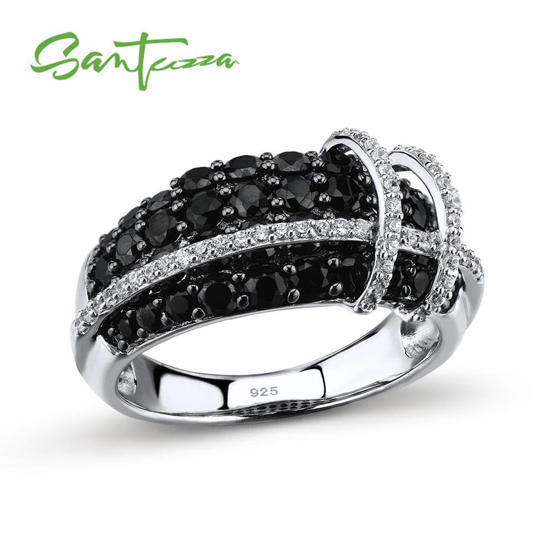 SANTUZZA Fashion Sparkling Black Spinels White CZ Stones Ring & Earrings Jewelry Set 925 Sterling Silver