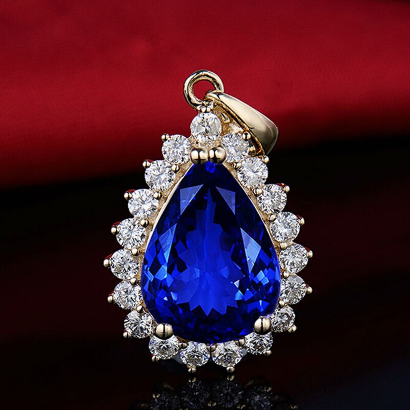 14K Yellow Gold Pear cut 10x14mm Blue Tanzanite Diamond Pendant