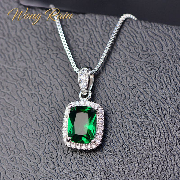 Wong Rain Classic 100% 925 Sterling Silver Emerald Gemstone Birthstone White Gold Pendant Necklace Jewelry Gifts Wholesale