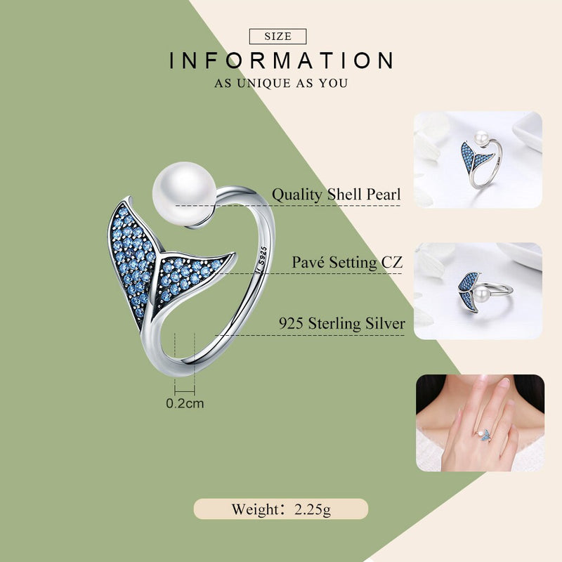 Sterling Silver Mermaid Fish Tail Shell Pearl Finger Ring for Women