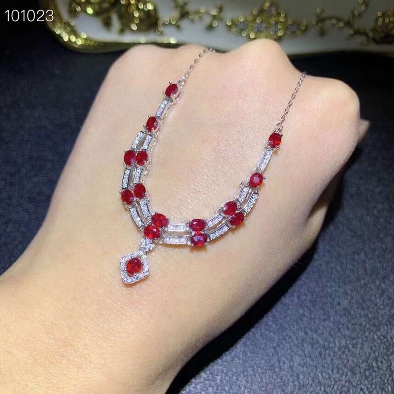 925 Sterling Silver Fashion Red Ruby Gemstones Necklace