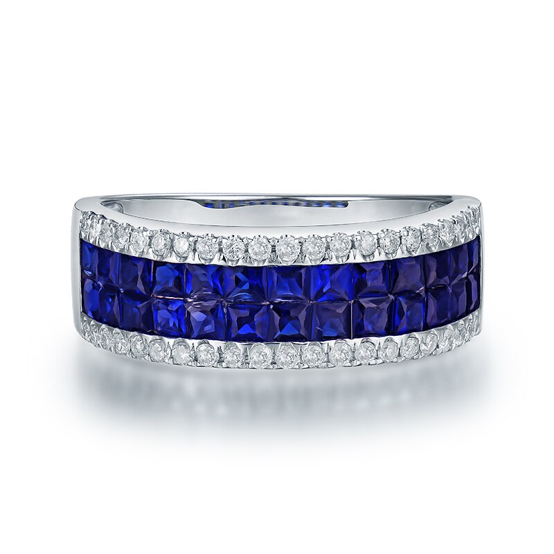 14K White Gold Blue Princess Sapphire Diamond Ring for Women