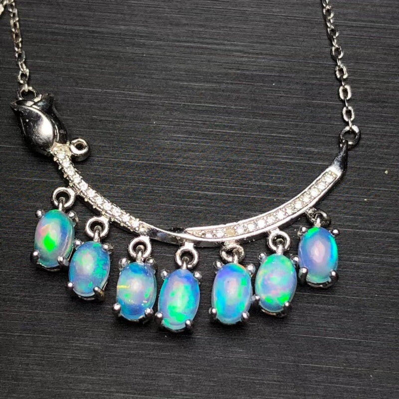 925 Sterling Silver Natural Colorful Opal Necklace