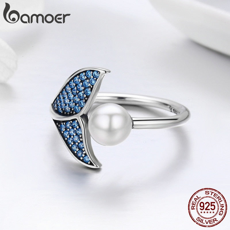 Sterling Silver Mermaid Fish Tail Shell Pearl Finger Ring for Women