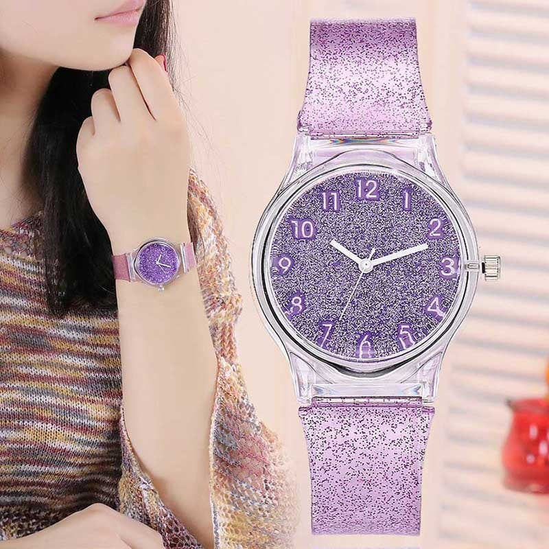 Stainless Steel Quartz Watch with Silicone Strap and Glitter Dial for Women