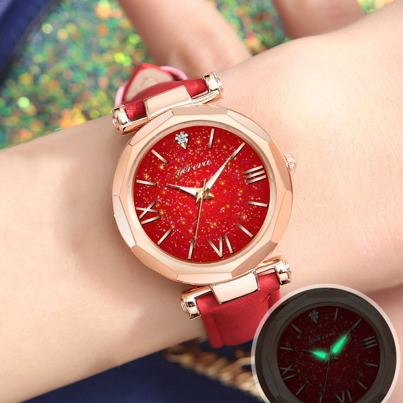 Women Casual Quartz Watch Round Star Dial Wrist Watch with Perforated Frosted Strap TT@88