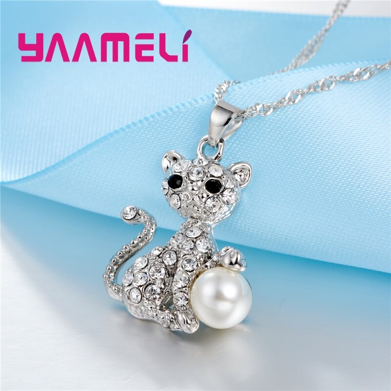 925 Sterling Silver Austrian Crystal Cat Design Pendant and Earrings Set for Women