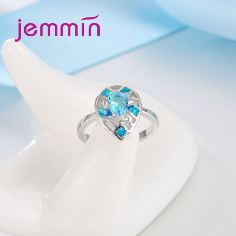 Retro Style Hollow Out Water Drop Wedding Rings For Brides 925 Sterling Silver Engagement Bands Blue Opal Ring Bijoux