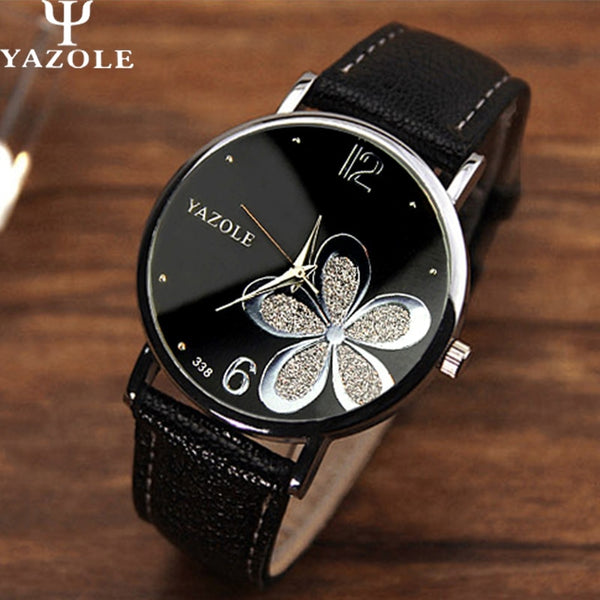Yazole Fashion Ladies Leather Strap Flower Quartz Wrist Watch