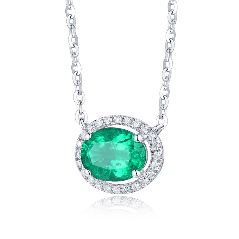 18K White Gold Emerald Diamond Oval Pendant for Women