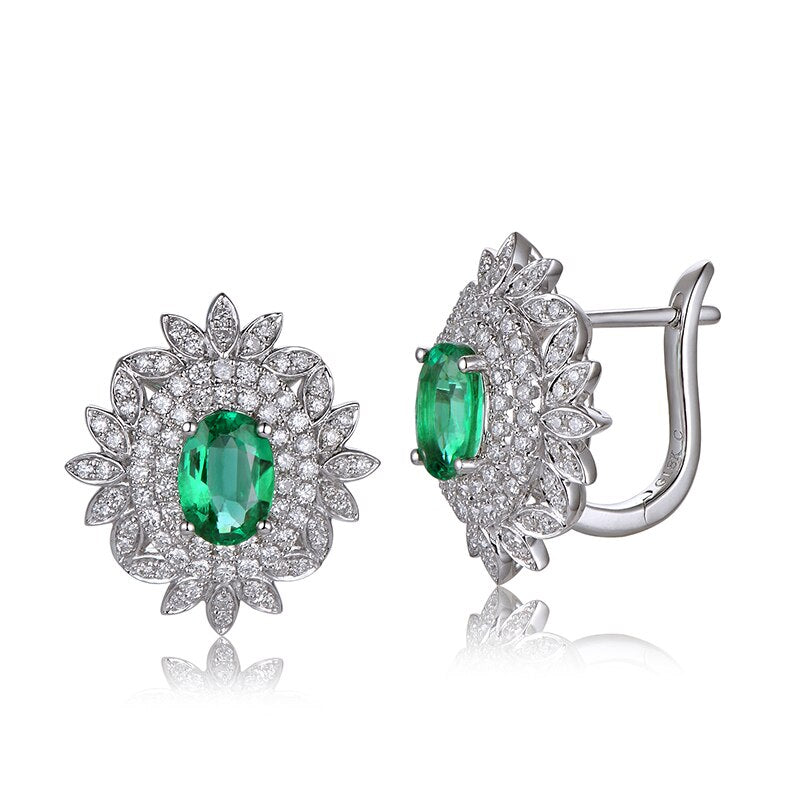 14k White Gold Emerald Diamond Earrings for Women