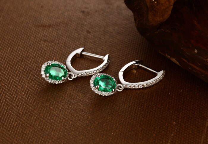 14K White Gold Emerald Diamond Engagement Earrings for Women