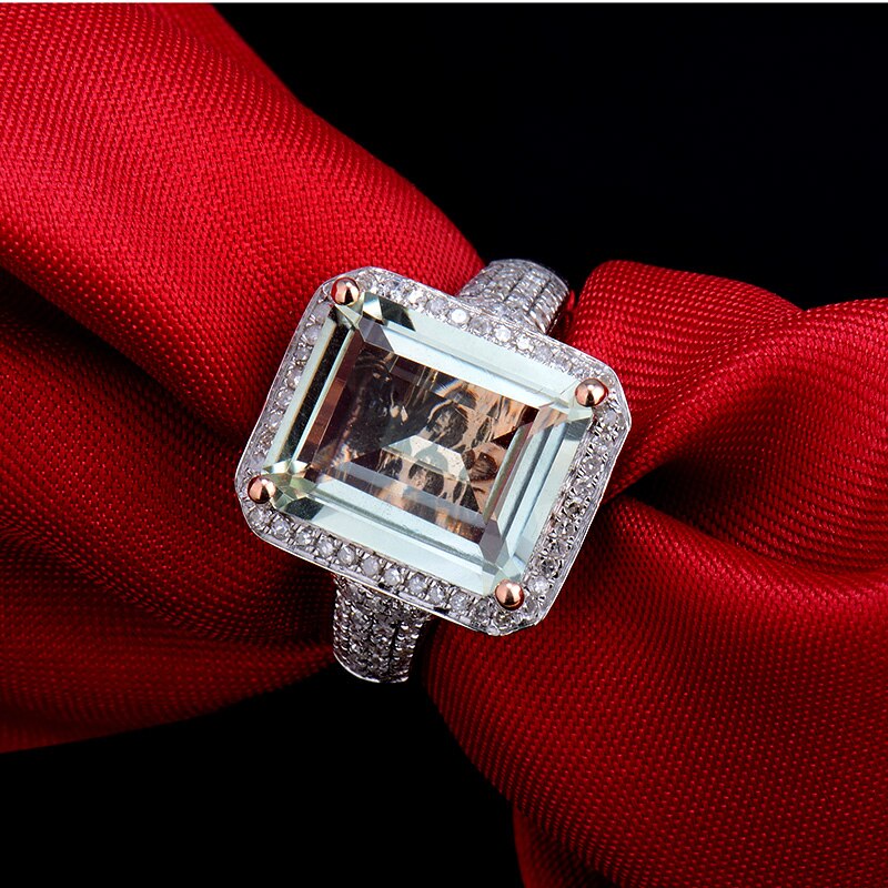 Lanmi 14K Rose Gold Shining Emerald 10x12mm Amethyst Diamond Ring