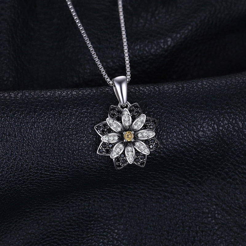 925 Sterling Silver Flower Smoky Quartz & Black Spinel Pendant for Women