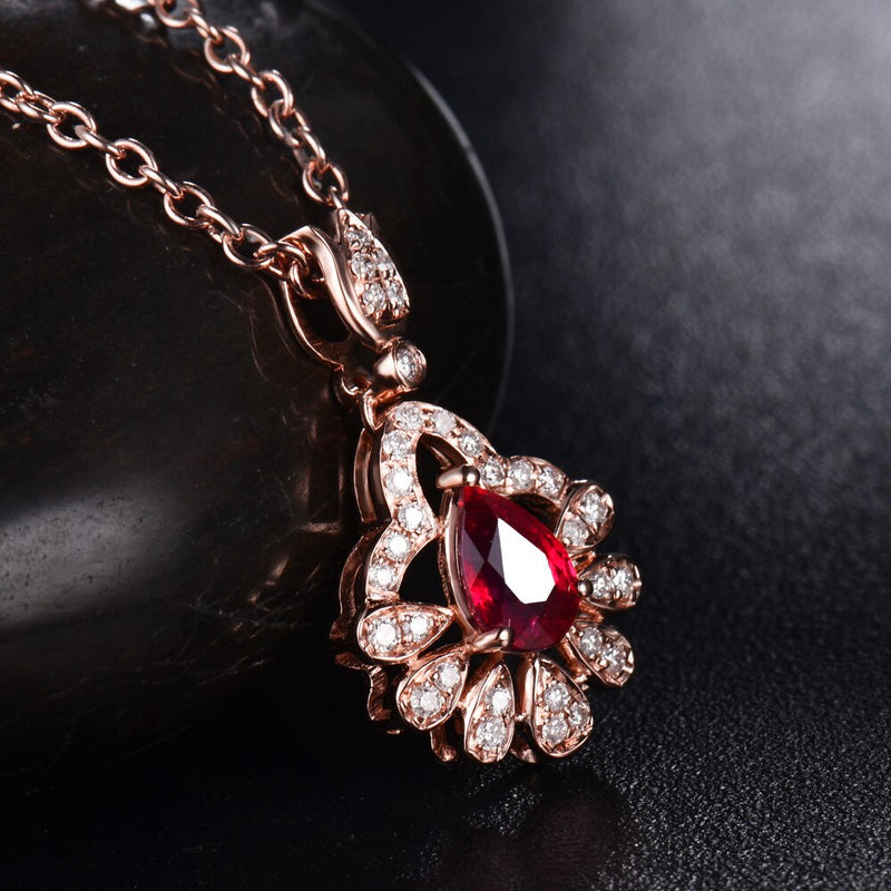 18K Rose Gold Ruby Pendant with Diamond for Women