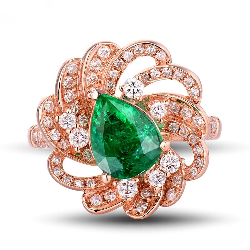 18K Rose Gold Colombian Emerald Pear Cut Engagement Ring