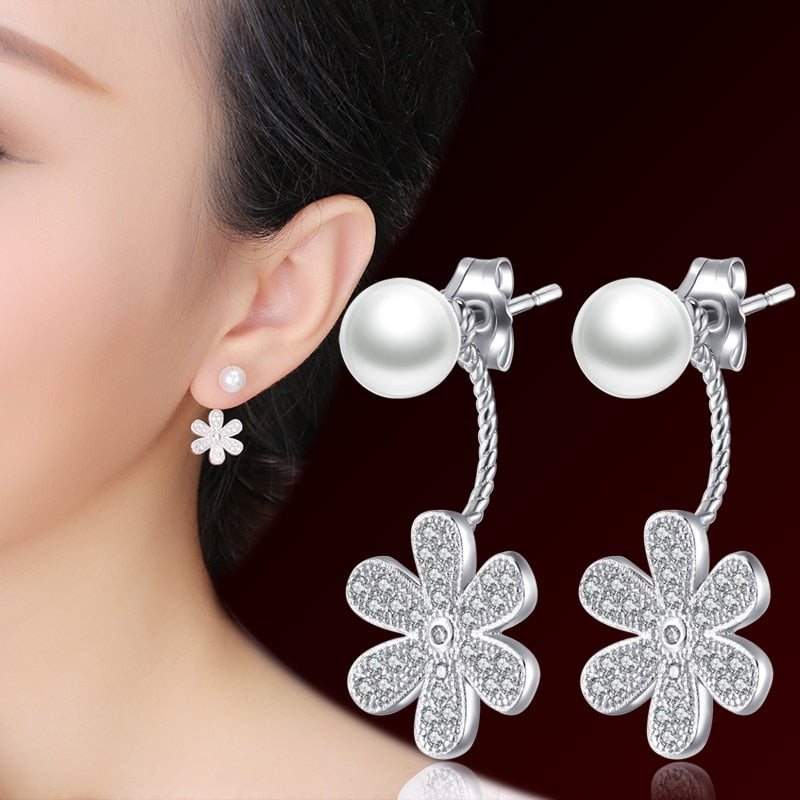 Anti-Allergic 925 Pure Silver Elegant Pearl & Flower Stud Earrings